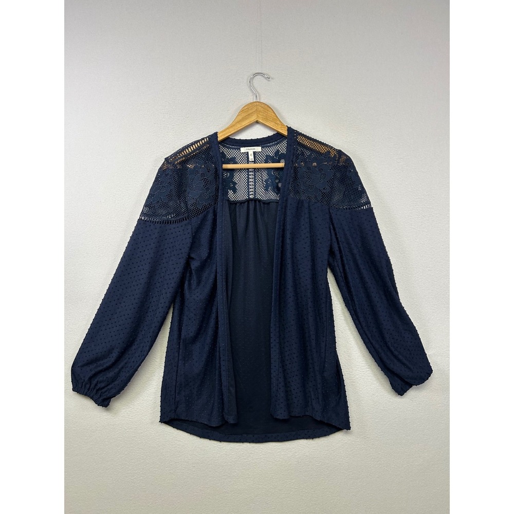 Boho Romantic Maurices Womens XS Navy Blue Lace Mesh Swiss Dot Open Cardigan